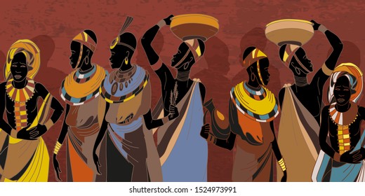 African women in national clothes. People of South Africa, vector illustration. Beautiful black females 