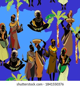 African women in national clothes, seamless pattern. People of South Africa, vector illustration. Beautiful black females 