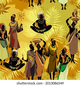 African Women In National Clothes Seamless Pattern. Ethnic Art. Tradition And Culture. Beautiful Black Females. People Of South Africa 