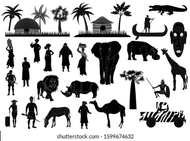 African women in national dress, native men, hunters, African animals, traditional huts, collection of African trees. Set of vector silhouette isolated illustrations, icons