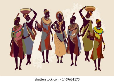 African women in national ethnic clothes. People and culture of South Africa. Beautiful black females in savanna 