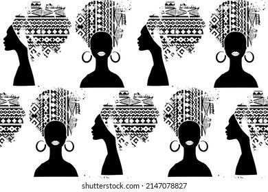 African women and African pattern. BLM theme. Black and white seamless pattern. Abstract brush strokes and hand drawn graphics. Vector.