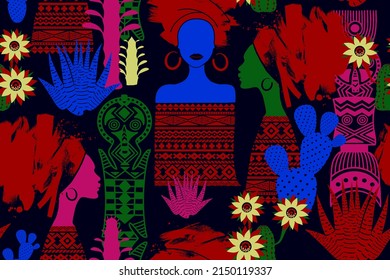 African women, African pattern and cactus flowers. BLM theme. Bright seamless background. Abstract brush strokes and hand drawn graphics. Vector.