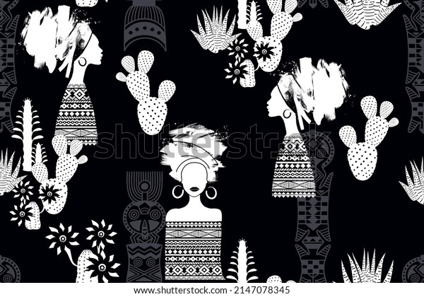 African women, African pattern and\
cactus flowers. BLM theme. Black and white seamless background.\
Abstract brush strokes and hand drawn graphics.\
Vector.