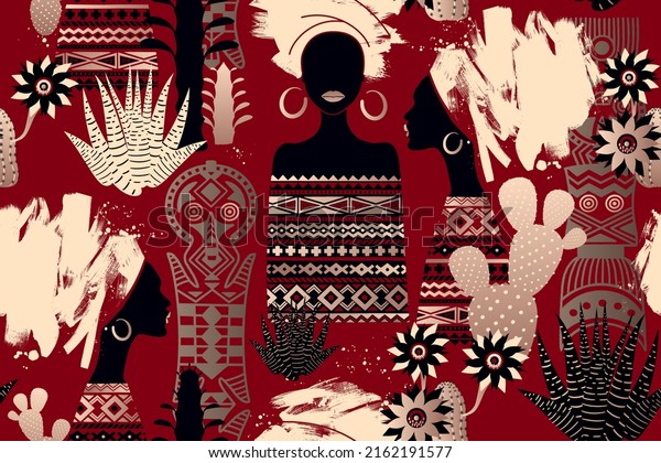 African women, African pattern and\
cactus flowers. BLM theme. Gold and red seamless background.\
Abstract brush strokes and hand drawn graphics.\
Vector.