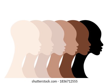 African women profile silhouettes skin colors. Black Women Faces with different tone of skin. Portrait of beauty Afro woman. Race diversity concept, vector isolated on white background 