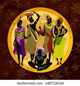 African women silhouettes. National clothes and hot sun savanna. Scene of life of the tribe of South Africa. Beautiful black females 