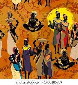 African women silhouettes in national clothes seamless pattern. People of South Africa, vector illustration. Beautiful black females. Tribal art 