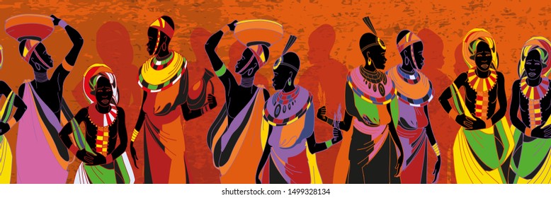 African women silhouettes in national clothes seamless pattern. People of South Africa, vector illustration. Beautiful black females 