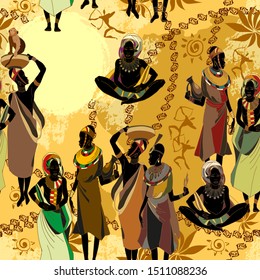 African women silhouettes in national clothes seamless pattern. Beautiful black females. Tribal art. People of South Africa, vector illustration 