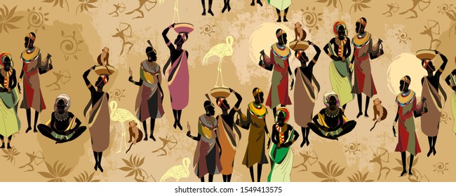 African women silhouettes in national clothes horizontal seamless pattern. Beautiful black females. Tribal art. People of South Africa, vector illustration 