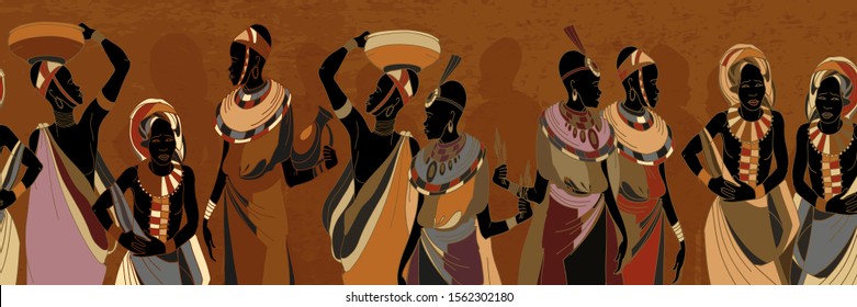 African women silhouettes in national clothes horizontal seamless pattern. Beautiful black females. People of South Africa, vector illustration 