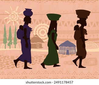 African women silhouettes on background with ethnic patterns and landscape. Vector illustration	
