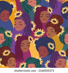 African Women stylized portraits with sunflowers on hair. Seamless pattern with hand Drawn digital illustrations 