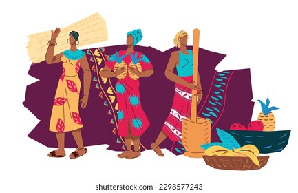 African women in traditional clothing with harvest of fruits and vegetables, flat vector illustration isolated on white. Design for travel banners or labels of food, produced in Africa.