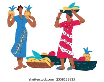 African women with tropical fruits  for Black history month  or culture of Africa concept. Ethnic African characters, flat vector illustration on white.