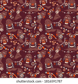 African women wearing ethnic bijouterie seamless pattern. Retro style background