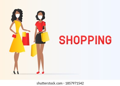 African women wearing face masks, holding bags. Shopping poster. Vector illustration.