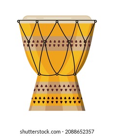 African wooden drum vector isolated on white background. Voodoo rituals in African tribes, shaman mask