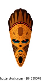 African wooden mask. Tribal disguise object isolated illustration on white background. Vector african wooden mask with extremely mad screaming facial expression mask