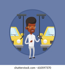African worker of car factory. Engineer at work on car factory. Man controlling automated assembly line for cars. Car production. Vector flat design illustration in the circle isolated on background.