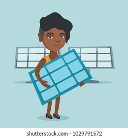 African worker of solar power plant holding solar panel in hands. Young woman with solar panel in hands standing on the background of solar power plant. Vector cartoon illustration. Square layout.