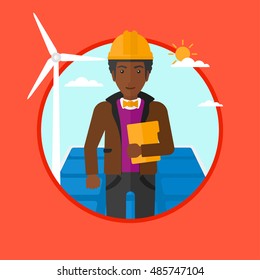 An african worker of solar power plant and wind farm standing on background of solar panel and wind turbine. Green energy concept. Vector flat design illustration in the circle isolated on background.
