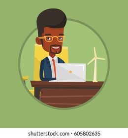 African worker of wind farm working on a laptop. Engineer projecting wind turbine. Smiling engineer with model of wind turbine. Vector flat design illustration in the circle isolated on background.