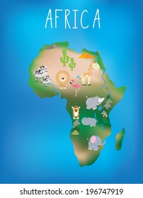 African world map brightly illustrated with cute child friendly animals