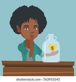 African worried broke woman looking at empty money box. Desperate broke woman sitting at the table with empty money box. Bankruptcy and insolvency concept. Vector cartoon illustration. Square layout.