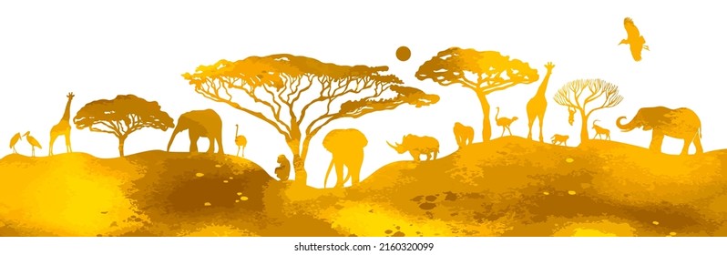 African Yellow landscape with animals. Vector illustration