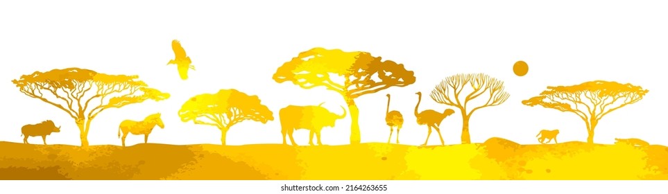 African yellow landscape with animals. Vector illustration