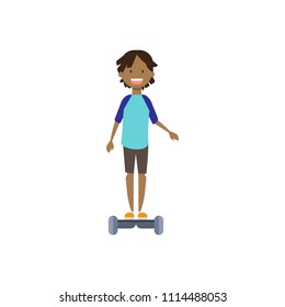 african young boy riding electro scooter over white background. cartoon full length character. flat style