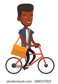 African young business man riding a bicycle. Cyclist riding a bicycle. Business man with briefcase on a bicycle. Healthy lifestyle concept. Vector flat design illustration isolated on white background