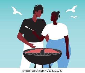 African young couple and cookouts as Juneteenth celebrations, flat vector stock illustration, grilling