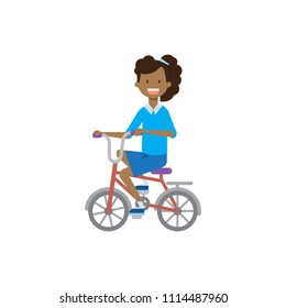 african young girl on bicycle over white background. cartoon character. full length flat style