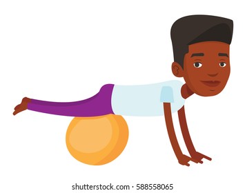 African young man exercising with fitball. Man training triceps and biceps while doing push ups on fitball. Man doing exercises on fitball. Vector flat design illustration isolated on white background