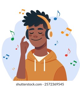 An African young man listens to music with a smile. An African-American man wearing headphones. Vector illustration