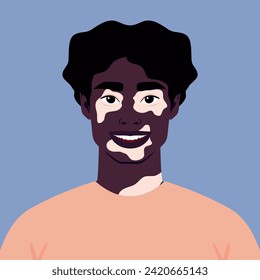 African young man with vitiligo depigmentation. Rare appearance. Portrait or an avatar. Vector illustration