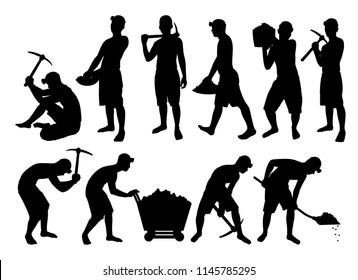 African young man working in mine silhouette vector set