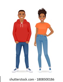 African young people in casual clothes. Smiling couple man and woman isolated vector illustartion