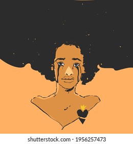 African young woman with afro hair style crying, tears run down her cheeks, darkness fills the space. Conception of sadness, depression, loneliness