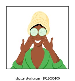 African young woman after a shower in a robe and a towel on her head makes a cucumber mask. Daily self care routine. Natural cosmetic. Stock vector flat illustration isolated on white background.