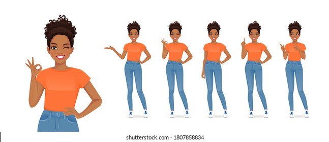 African young woman in casual style clothes set different gestures isolated vector iilustration