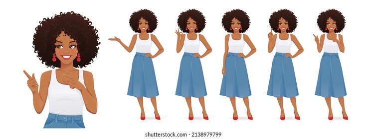 African young woman in casual style clothes set different gestures isolated vector illustration