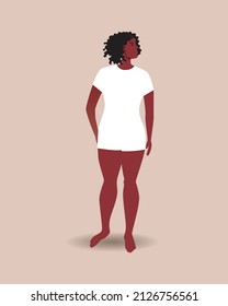 African young woman for design. Flat vector stock illustration. Modern woman is isolated for design. Natural body with black skin with curly hair in underwear