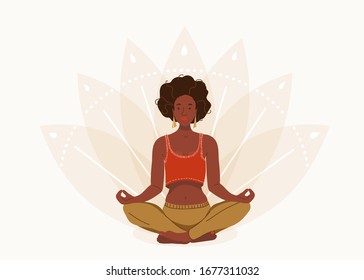 African young woman sitting in yoga lotus pose. Happy relaxed black girl performing meditation exercise. Vector illustration background in flat cartoon style.