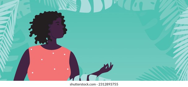 African young woman with tropical leaves as beauty backdrop. flat vector stock illustration or copy space template