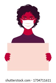 African young woman wears medical mask holds in her hands a poster without text on a white background. Coronavirus. Human rights. A student is protesting. Vector illustration in flat style