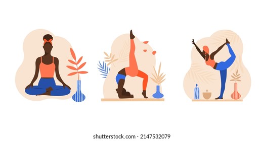 African Young Women In Different Yoga Poses. No Face, Trendy Minimalistic Design. Vector Illustration.  
